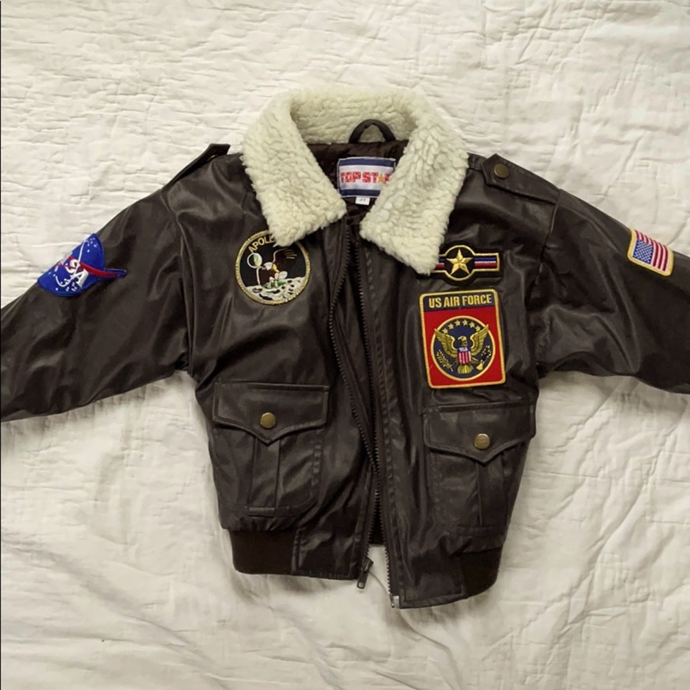 Boys brown Air Force flight jacket with patches